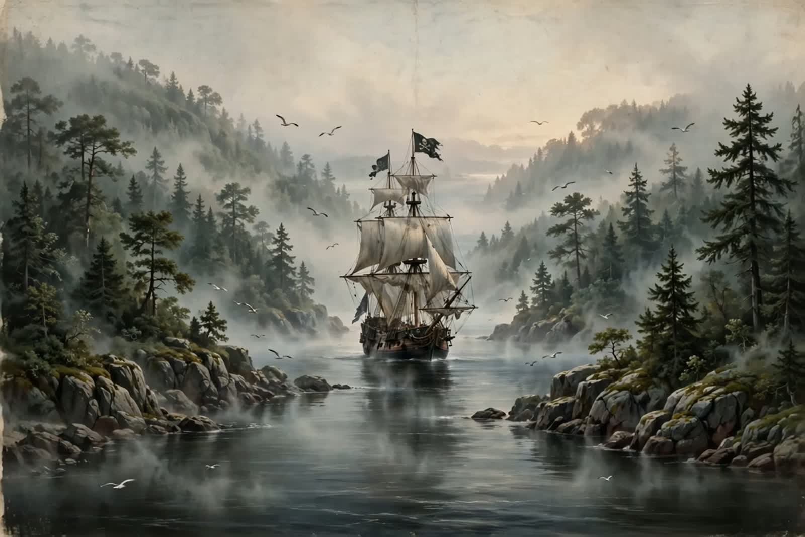 A tall ship under pirate colors sailing a misty Downeast river, from the film The Legend of Black Bellamy